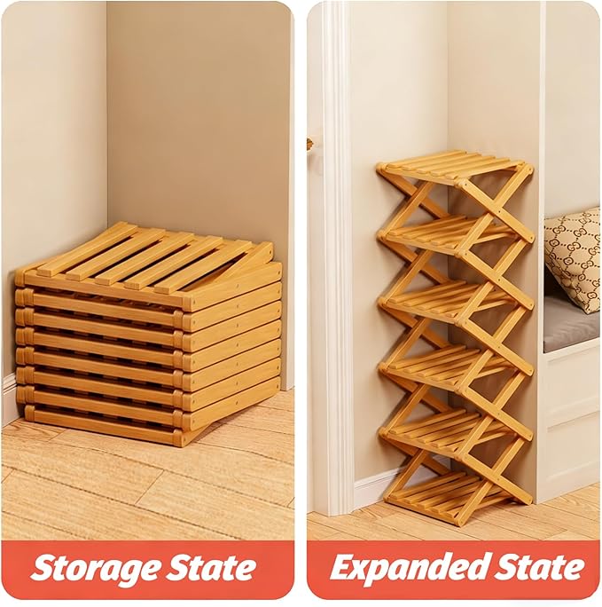 The 9-Tier No-Assembly Bamboo Rack, 2026 Upgraded Foldable Bamboo Shoe Rack, Space-Saving Organizer for Shoes, No Assembly Narrow Shoe Shelf for Entryway Closet Dorm (Brown,9-Tier)