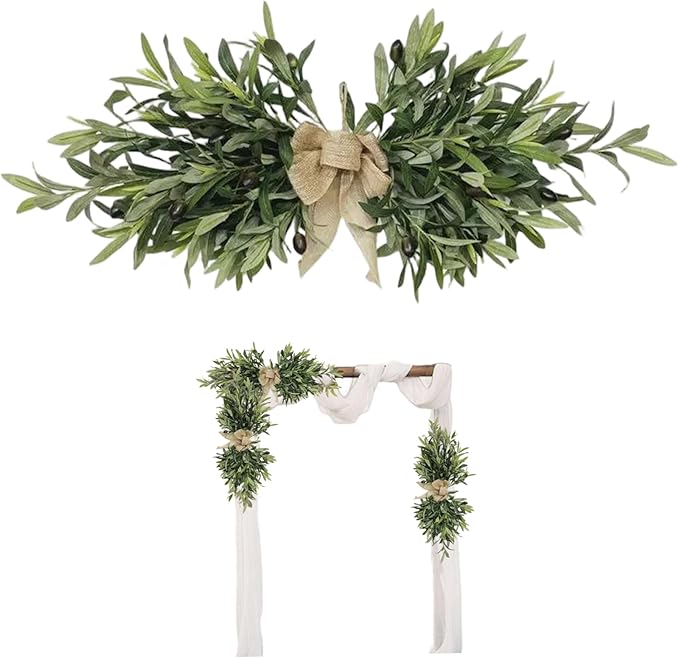 Greenery Swag, 24inch Artificial Olive Branches Swags with Bow, Summer Eucalyptus Wreath for Wedding Arch Party Wall Home Garden Decorations