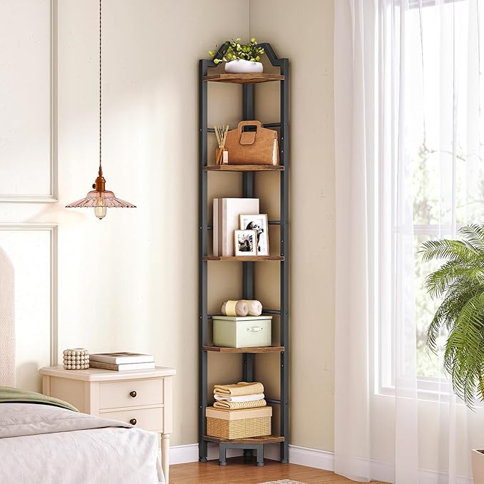 HOOBRO Narrow Corner Shelf Stand, 5-Tier Corner Shelf, 63” Tall Multipurpose Corner Bookshelf, Standing Display Shelf Plant Stand, for Living Room, Study, Kitchen, Rustic Brown and Black BF100CJ01
