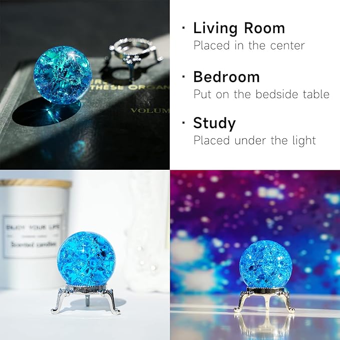 H&D HYALINE & DORA 40mm Crystal Ice Cracked Ball Paperweight,Blue Glass Ball,Crystal Fengshui Sphere for Home Wedding Office Fish Tank Decor