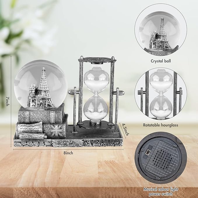 LED MusicCrystal Snow Globe， Sand Timer ，Hourglass,Home Decor,Table Decor for Living Room ，Office Desk Decorations[ Silver Tower]