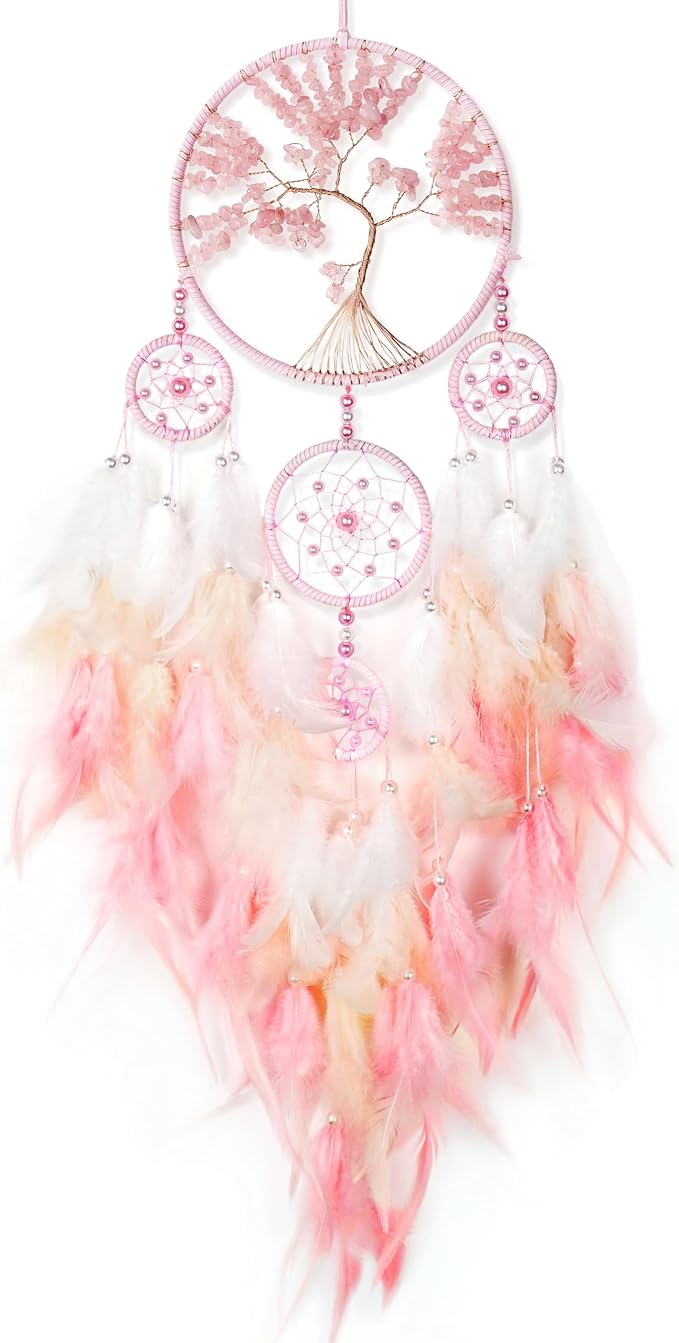 Large Pink Dream Catchers,Crystal Tree of Life Dreamcatcher,Perfect Pink Crystal Handmade Dreamlike Dream Catchers for Girls Bedroom Decor Art Craft Gift (Pink)