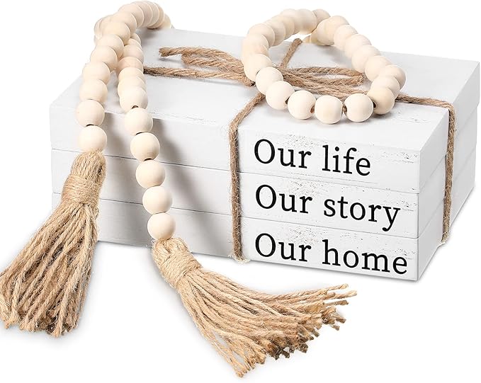 Jetec Decorative Books for Home Decor White Faux Farmhouse Stacked 3 Pieces Gift for Mother Teachers Friends Family for Coffee Tables Shelves with Wood Bead Tassels 58 Inch