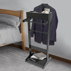 Wood Men Valet Stand, Freestanding Suit Stand with Top Tray, Valet & Suit Stands for Entryways, Living Rooms, Hallways,17.5 * 14.3 * 43.3in (Black)