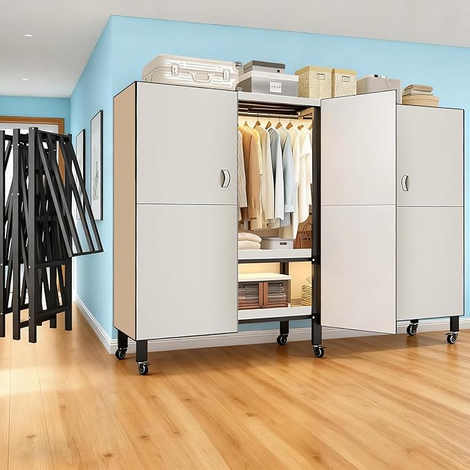 Heavy Duty Portable Closet with Cover Magnetic Doors, Metal Rolling Clothes Rack Heavy Duty 1500LBS, Foldable Clothing Rack, Garment Racks for Bedroom/ LivingRoom/ Rental (KT Off-white, 59.05in)