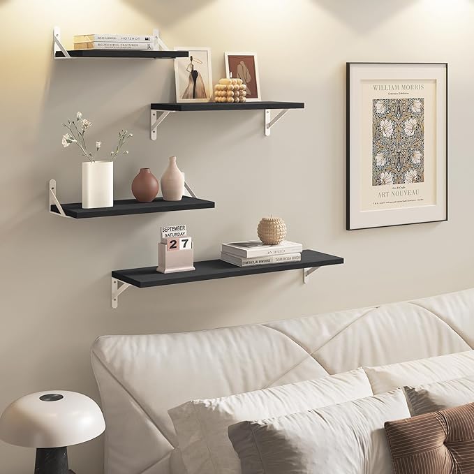 YGEOMER Floating Shelves for Wall, Different Sizes Black Wall Shelves for Living Room, Bathroom, Bedroom, Kitchen, Home Decor (Set of 4)