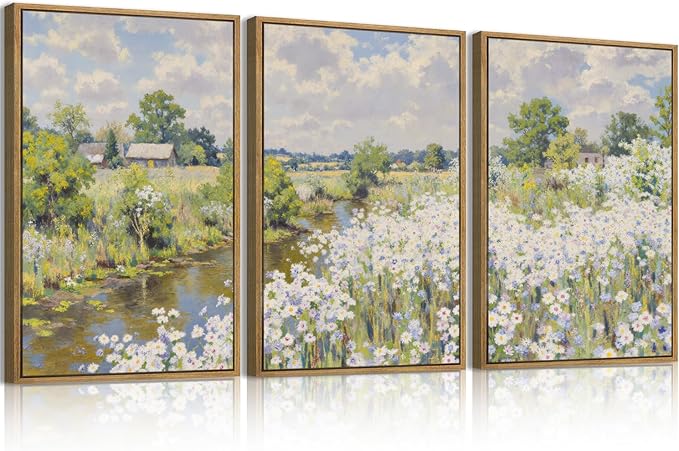BINCUE Framed Wildflower Wall Art Rustic Floral Wall Decor Vintage Landscape Artwork Nature Flowers Wall Pictures Wildflowers Art Prints Florals Paintings for Living Room Bedroom Bathroom Farmhouse 16x24 Inches Set of 3 Gift