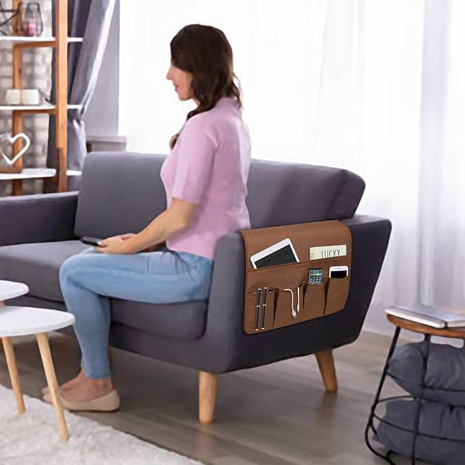 NB Sofa Armrest Organize Remote Holder Bedside Caddy Organizer With 5 Pockets, Non-Slip Couch Remote Control Holder Couch Armchair Caddy Accessories (Brown, 35''x18'')