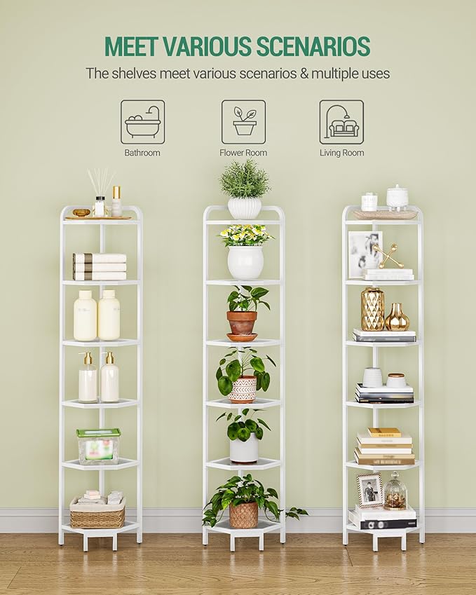 Hzuaneri Corner Shelf Stand,6-Tier Glass Bookshelf Bookcase, Bathroom Organizer, Plant Stand, Steel Frame, Tempered Glass, Modern Style for Living Room, Bathroom, Kitchen, White CS90613W