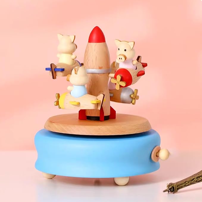 Natural Solid Wood Handcrafted Beech Wooden, Musical FigureTotoro/Carousel/Fairy/Ballerina Figurine,Rotating Hand Crank Mechanism Music Box,Musical Decorations (Little Pigs on the Plane)