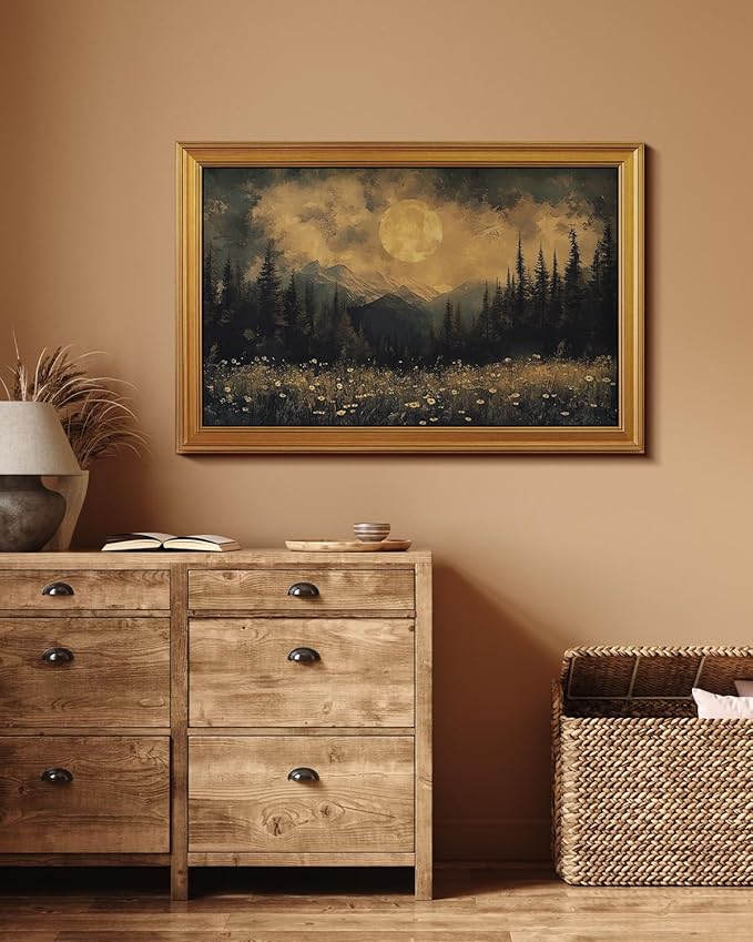 VIYYIEA Vintage Gold Framed Wall Art for Living Room, Moon Canvas Prints Halloween Home Decor, Large Oil Painting Gothic Picture, Bedroom Wall Decor Gifts for Friends -【Eternal Moon】-(36L x 24W)