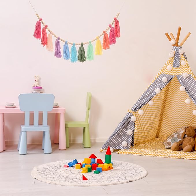 Colorful Tassel Garland Yarn Bunting Banner with Wood Bead for Kids Nursery Room Bedroom Wall Hanging Decor Birthday Party Baby Shower Wedding Decor