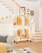 Heavy Duty Clothes Rack, Metal Clothing Rack with Double Hanging Rods, 4 Hooks & Mesh Shelf, Freestanding Garment Rack with Triangular Design for Bedroom Closet, 36.5" x 16.9" x 72.8", Beige