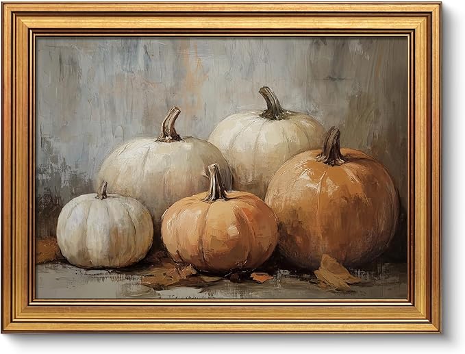 VIYYIEA Vintage Gold Framed Wall Art for Living Room, Pumpkins Canvas Prints Home Decor, Oil Painting Picture, Bedroom Wall Decor Gifts for Friends or Family -【Five Pumpkins 】-(16L x 12W)