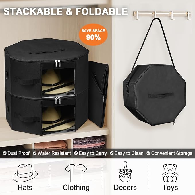 Hat Box for Travel & Home Closet Storage, Side Reinforced Octagonal Case, Crush-proof, Dust-proof for Cowboy, Panama & Fedora Hats, Black