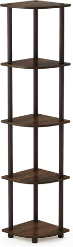 Furinno TURN-N-TUBE Corner Shelf, 5-Tier Corner Bookshelf, Open Storage Shelves, for Organization and Storage, Living Room, Home Office, Garage, Bedroom, Walnut