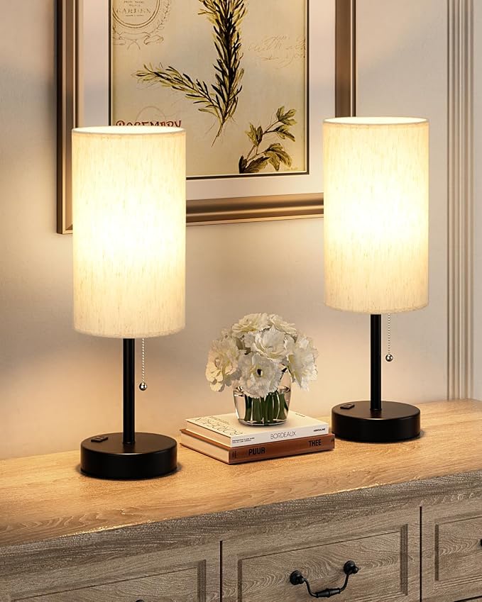Fenmzee Plus Bedside Table Lamps Set of 2-3 Color Temperatures Pull Chain Lamp with AC Outlet Charging Port, Round Night Stand Lamps for Bedroom Guest Room Office, Bed Side Light with E26 LED Bulbs