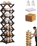 The 7-Tier No-Assembly Bamboo Rack, Bamboo Shoe Rack, Foldable Shoe Rack, Space Saving Collapsible Shelves for Entryway, Closet, Bathroom, Bamboo Shoe Rack, Foldable Shoe Rack (Brown, 7Tier)