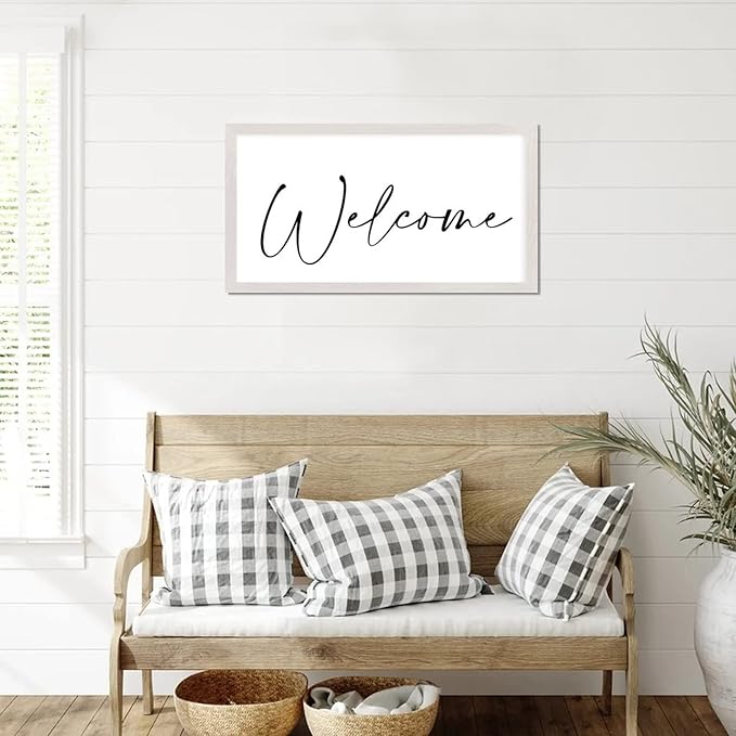 Retro Style Positive Saying Wood Sign with Religious Quotes Welcome White Frame Wooden Plaque for Bathroom Farmhouse Cottage Garden Yard Porch Cafe Bar Wall Decor Birthday Housewarming Gift 12x22in
