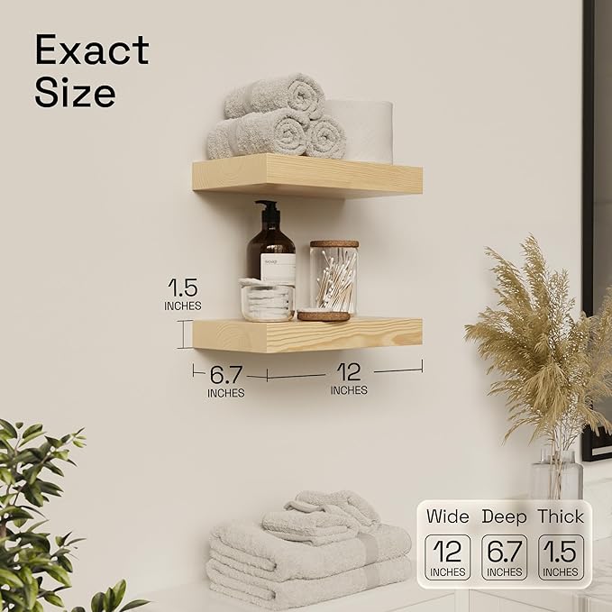 BAOBAB WORKSHOP Solid Wood Floating Shelves for Wall 12 Inch Wide, Small Wooden Shelf Bathroom, Light Oak Floating Shelves for Room Wall Mounted Kitchen Farmhouse, Natural Wood, 12W × 6.7D, Set of 2