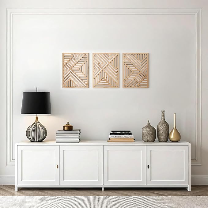qmmp Modern Wooden Wall Sculptures - Set of 3 - Home Decor Accent - Large Wall Art for Living Room, Bedroom, Office - Easy Installation (Oak, Medium - Direction)