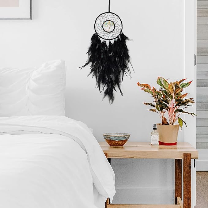 Dreamlike Black Tree of Life Dream Catcher Wall Decor with Healing Crystal Stone Handmade Feather Dream Catchers Decoration Wall Hanging for Girls Bedroom Living Room Wedding Party Home Décor
