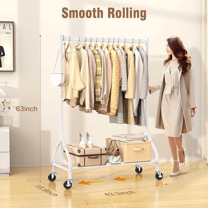 EAGMAK Heavy Duty Clothes Rack Load 420 LBS, Rolling Garment Rack with Lockable Wheels, Standing Metal Clothing Rack with Shelves, Portable Wardrobe Sturdy Coat Rack for Hanging Clothes (White
