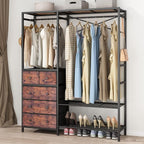 Auromie Heavy Duty Clothes Rack with 5 Drawers & 4 Storage Shelves, 70.9Hx59.1W Clothing Rack with 2 Hanging Rods, Wardrobe Closet Racks with 5 Hooks, Freestanding Garment Racks (Rustic Brown)