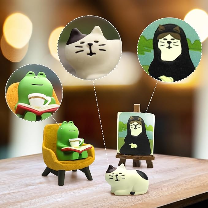 RAQWI Cute Frog Reading on Yellow Sofa Figurine with Cat Painting & Kitten Statue, Mini Resin Animal Set for Office Desk, Bookshelf Decor, Gift for Book & Cat Lovers