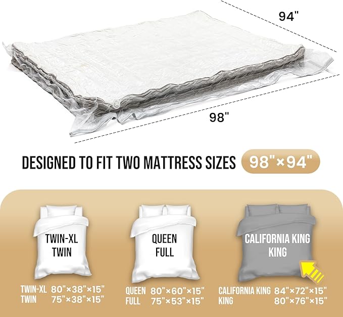 TAILI Mattress Vacuum Bag, King/Califonia King Mattress Vacuum Storage Bag with 4 Straps, Sealable Bag for Memory Foam, Latex, Easy Moving, Transport and Storage