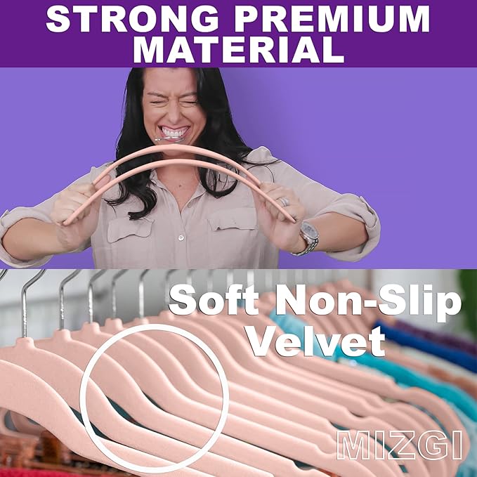 MIZGI Premium Velvet Hangers (50 Pack) Heavyduty - Non Slip Felt Hangers - Velvet Suit Hanger Blush Pink/Rose - Chrome Hooks,Space Saving Clothes Hanger