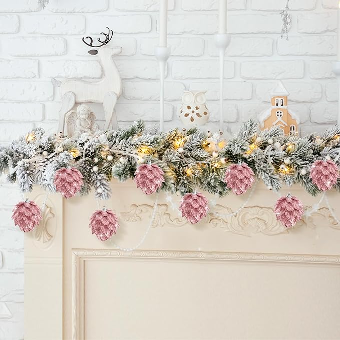 Jetec 8 Pieces Christmas Ornaments Glitter Christmas Tree Hanging Decoration Decorative Artificial Pine Cones Flowers Hanging Ornaments for Winter Wreath Holiday Decor(Rose Gold)