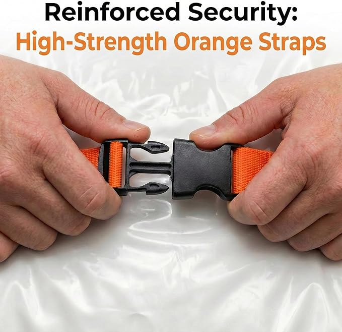 Memory Foam Mattress Vacuum Bag, Heavy-Duty Mattress Storage Bag for Moving and Transport, Mattress Compression Bag with Straps & Dual-Zip Seal (Orange Straps, Queen/Full-XL)