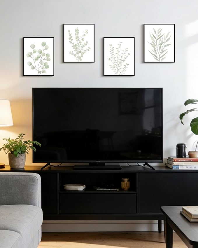 Drsoum Botanical Plant Framed Wall Art Boho Wall Decor for Bathroom Sage Green Eucalyptus Leaf Prints Minimalist Aesthetic Ready to Hang Set of 4, 8x10 in (Black Framed)