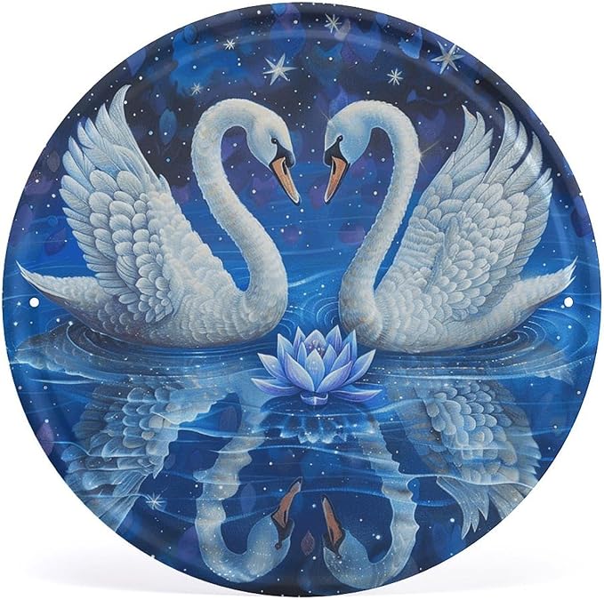 Wall Picture, with Two White Swans Printed Circular Iron Hanging Picture,Wall Art Decor,Home for Bedroom Living Room Bathroom Decor,Iron Painting 11.8X11.8 in