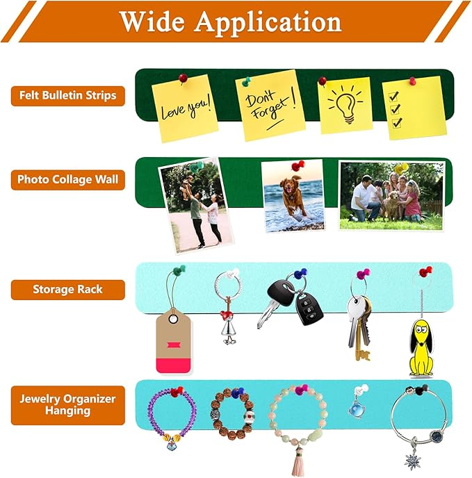 8Pcs Rectangle Felt Cork Board Bar Strips with 35 Pushpins, Self-Adhesive Bulletin Board Strips for Office School Home Wall Decor Stickers Memos Schedules Photos Display -Gradual Green