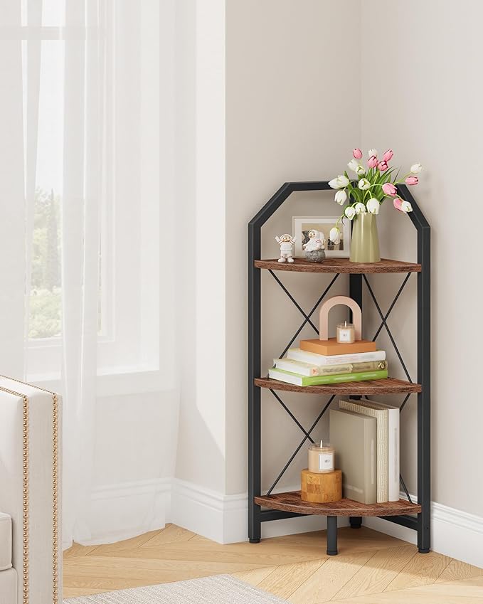 CHOEZON 3-Tier Corner Shelf, Industrial Corner Bookshelf, 35.4" Storage Stand, Plant Stand Display Shelf, Bookcase for Bedroom, Living Room, Home Office, Rustic Brown and Black TCJ03BF