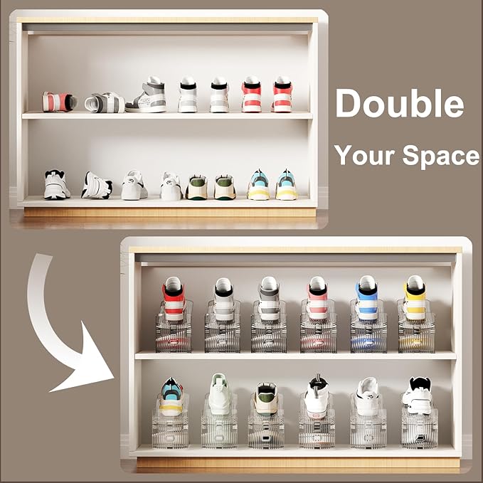 Shoe Slot Organizer for Closet 6PACK Clear Adjustable Shoe Stacker Rack Storage - Space Saver Display Shelf Organizer Zapateras Organizers