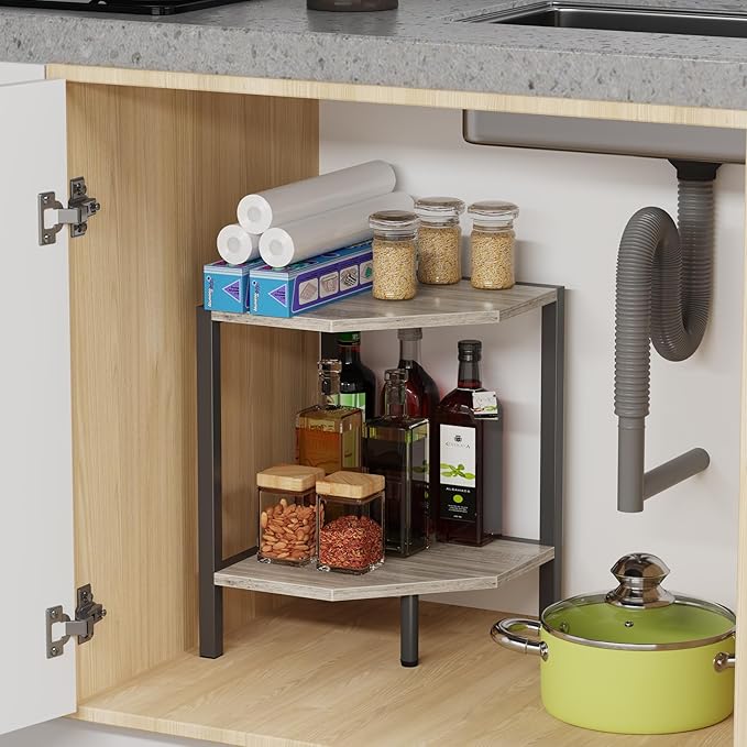 Corner Shelf Stand, 2 Tier Industrial Corner Bookshelf, Multipurpose Standing Corner Display Shelf Countertop Organizer for Living Room Kitchen Bedroom Office, Greige