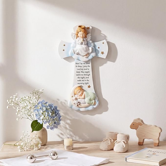 Wenqik 7.1 Inch Guardian Angel Baptism Decorative Hanging Resin Cross Sweet Dreams Baby Decorative Angels Cross Wall Decoration for Boys and Girls Keepsake Nursery Room Christening Gift