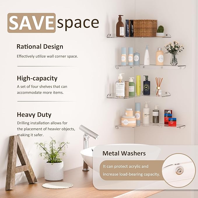 Sezanrpt 11.4x16 Inch Acrylic Corner Floating Shelf Set of 4, Clear Corner Wall Shelf for Home Décor, Speakers, Security Cameras, Toileries, Plants, Figures, Cosmetics, Books
