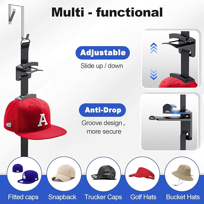 Hat Rack for Door - Two-Way Hanging Caps with Display Hooks and Hanger, Hat Organizer for Baseball Caps, Over the Door Hat Storage Organizer for Bedroom, Entrance or Garage Doors - 2 Packs