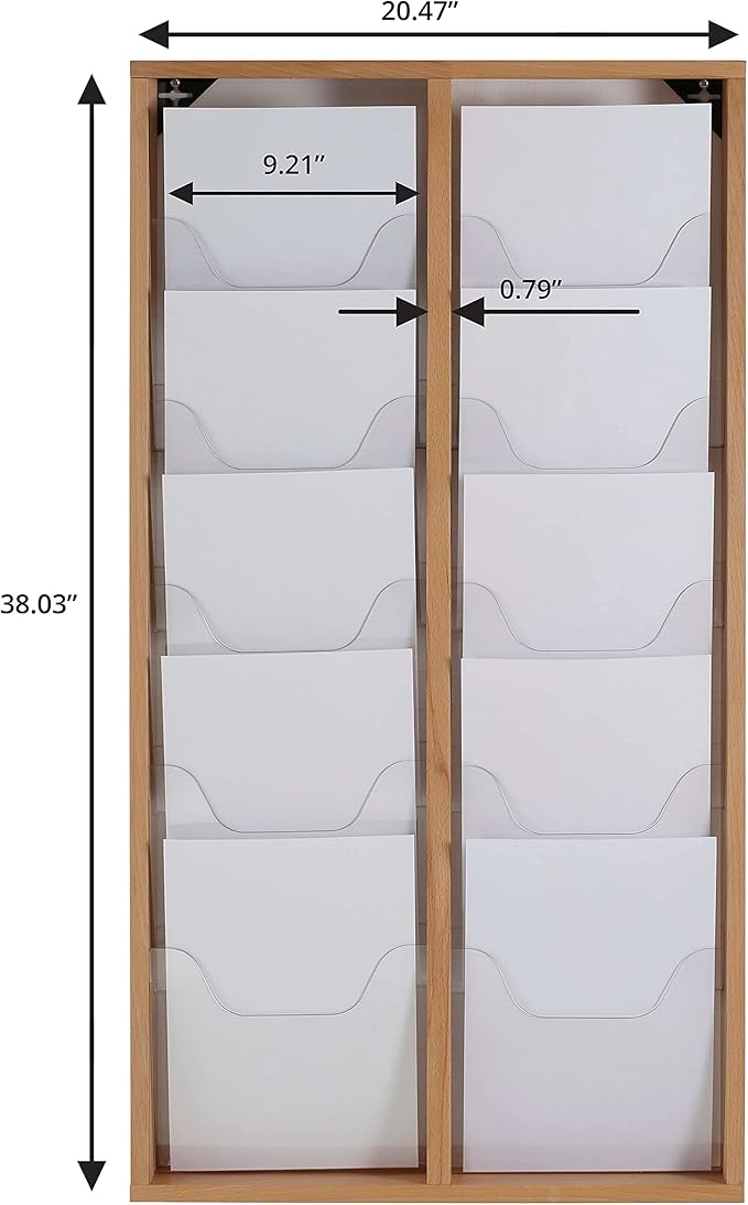 M&T Displays Wall Mount Natural Wood Magazine Brochure Rack Wooden Leaflet Literature Catalog Holder Easy Assembly Durable Clear PET G Pocket 10x(8.5x11) Inch for School Office Hospital Hotel Indoor