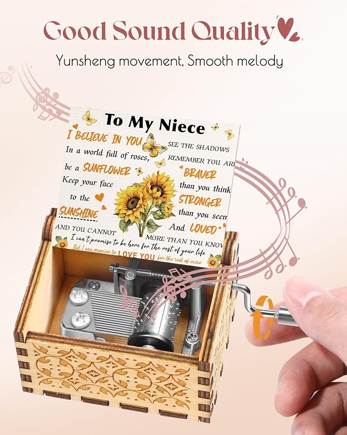Swooflia Mother's Day Wooden Music Box for Niece with Sunflower Greeting Card - Hand Crank Engraved Musical Box Vintage Mechanism Personalized Gifts for Women On Birthday