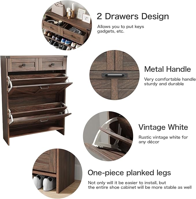 Shoe Cabinet with 2 Flip Drawers & 2 Drawers,Farmhouse Shoe Storage Cabinet for Entryway,Slim Freestanding Narrow Organizer Rack for Front Door Entrance,Dark Walnut