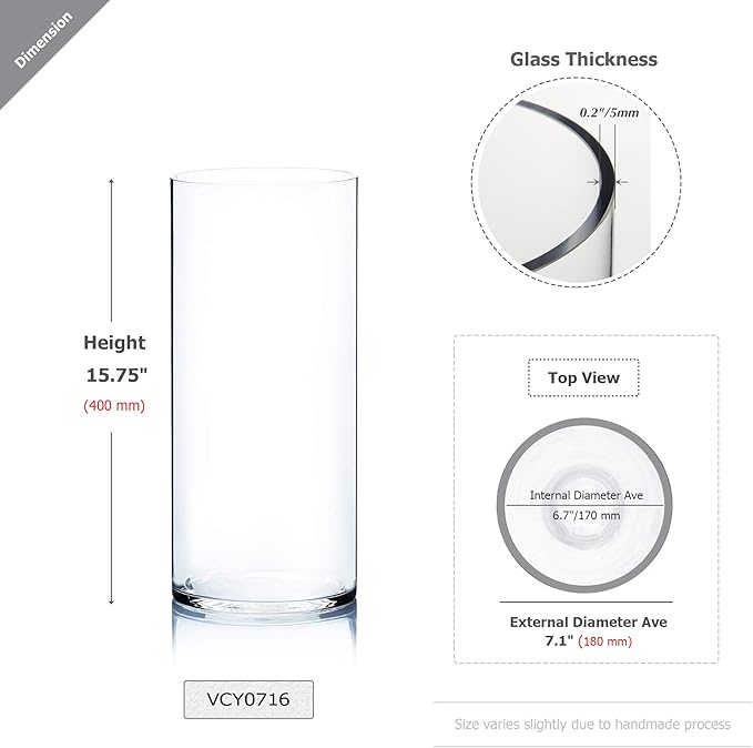 WGV Cylinder Vase, Width 7", Height 16", Clear Wide Large Diameter Flower Glassware, Floral Container, Planter Terrarium for Wedding Party Event, Home Accent Decor, 1 Piece