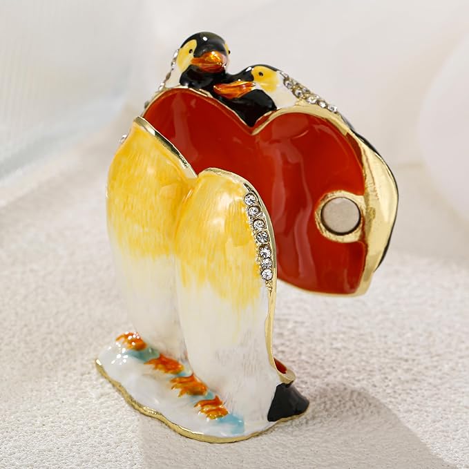 Hand Painted Trinket Box for Home Decor Accents, Enamel Hinged Jewelry Box for Bookshelf Office Table Desk Decoration, Classical Figurine Collectible Keepsake Animal Sculptures (Couple Penguin)