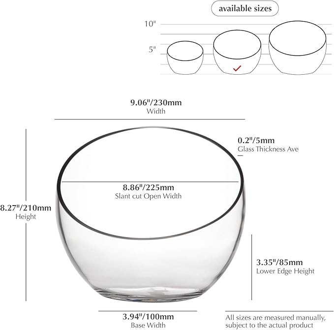 WGV Slant Cut Bowl Glass Vase, Width 9", Height 8.25", Clear Terrarium, Candy Dish, Fruit Jar, Floral Container for Wedding Party Event, Home Office Decor, 1 Piece