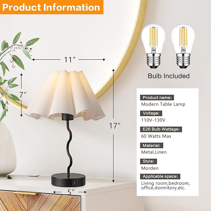 EOEYYOYB Pleated Table Lamp, Table Lamp for Bedroom, Bedside Lamps for Nightstand with Linen Lampshade, Modern Lamp for Bedroom Home Office Decor, Black