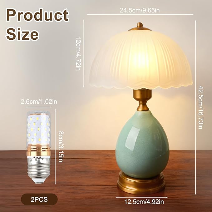 Table Lamps Ceramic Retro Lamp for Living Room,16.73" Modern Bedside Nightstand Traditional Lamps, Classic Chinoiserie Green Glass Lamp for Home (French Country)